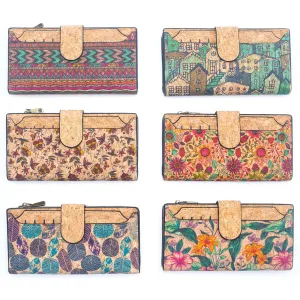 6 Natural Cork card long Wallets with Floral Print and Mosaic Patterns (6 Units Pack) HY-016-MIX-6