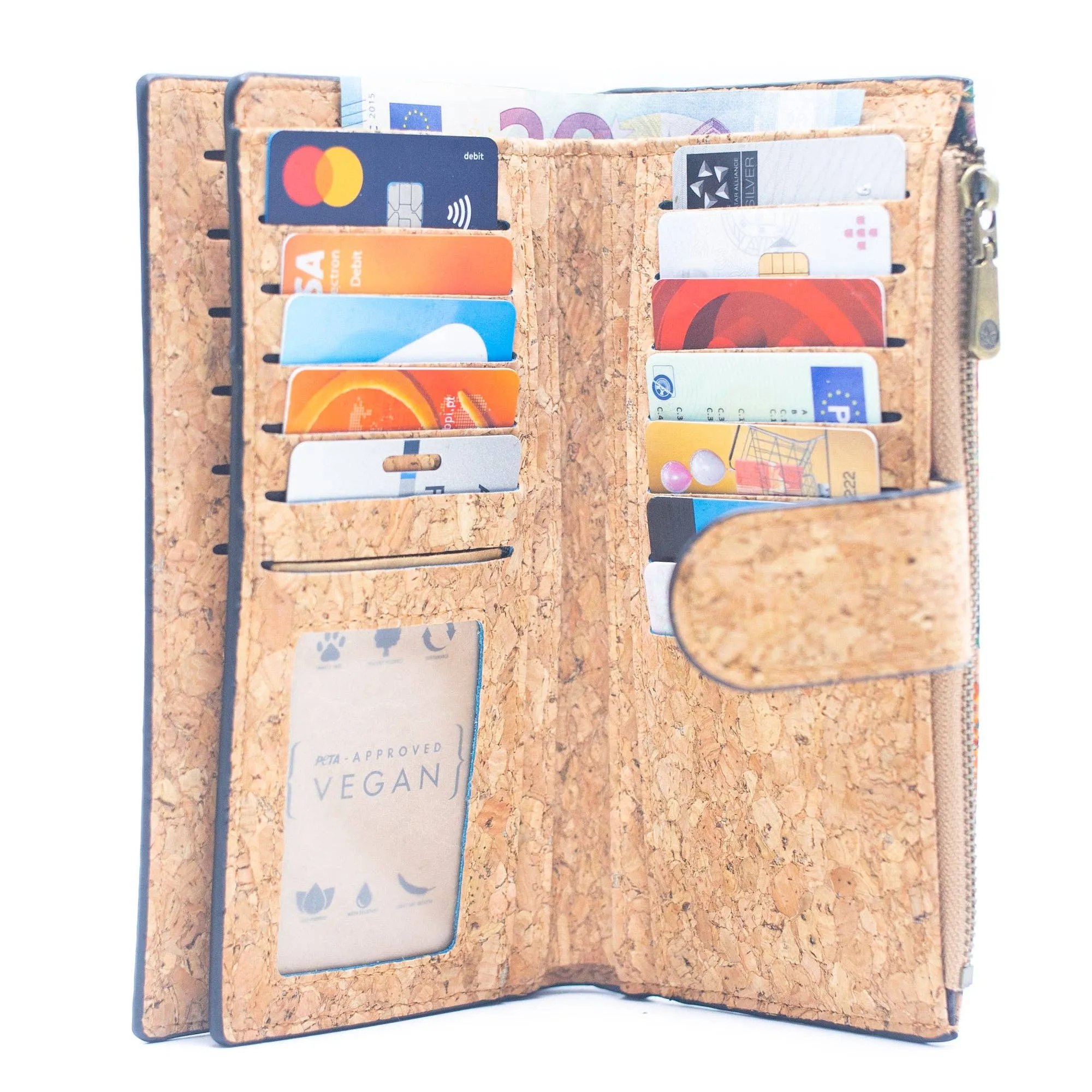 6 Natural Cork card long Wallets with Floral Print and Mosaic Patterns (6 Units Pack) HY-016-MIX-6