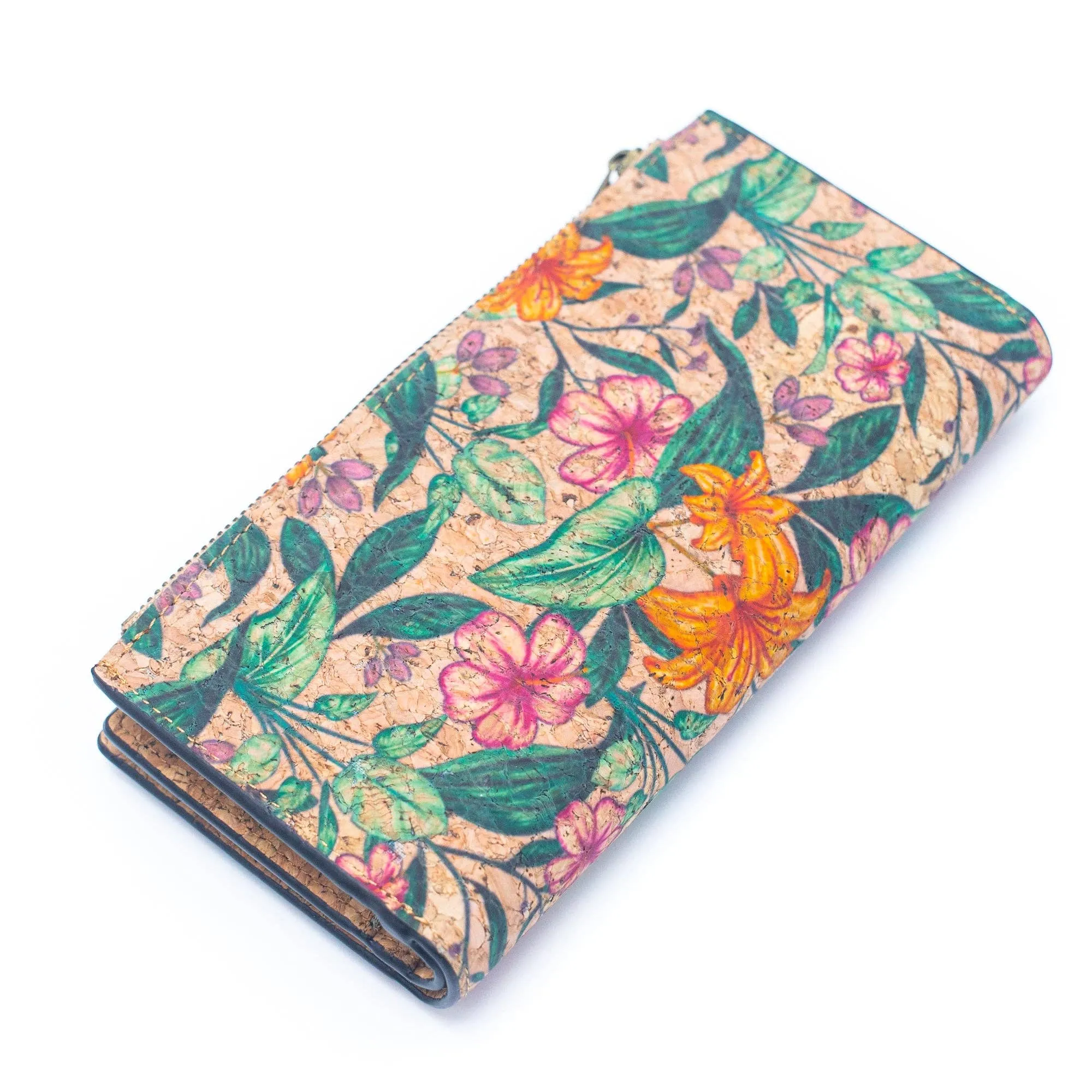 6 Natural Cork card long Wallets with Floral Print and Mosaic Patterns (6 Units Pack) HY-016-MIX-6