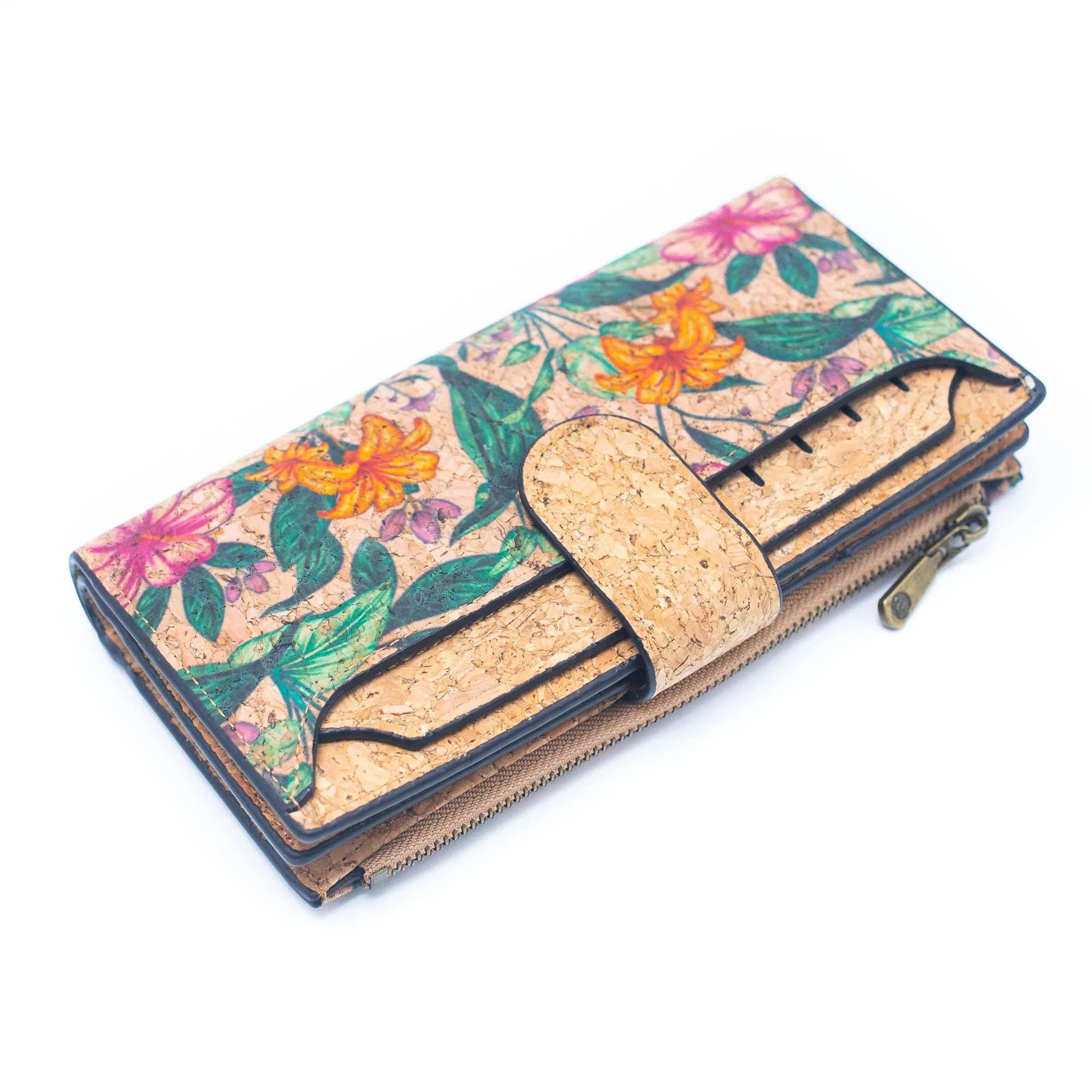 6 Natural Cork card long Wallets with Floral Print and Mosaic Patterns (6 Units Pack) HY-016-MIX-6