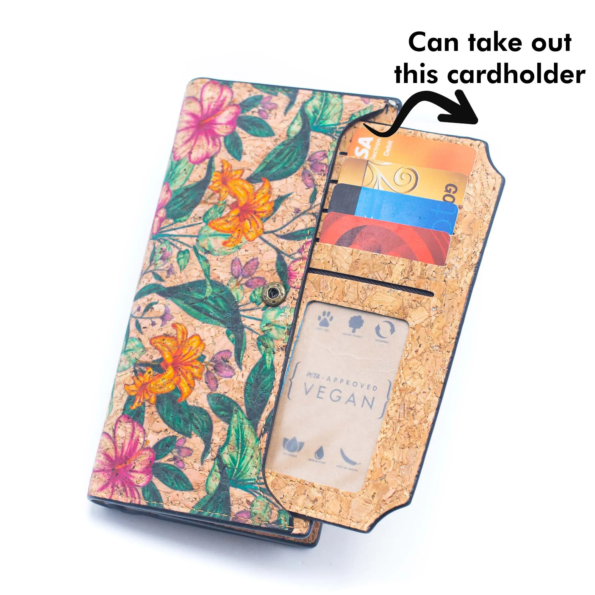 6 Natural Cork card long Wallets with Floral Print and Mosaic Patterns (6 Units Pack) HY-016-MIX-6