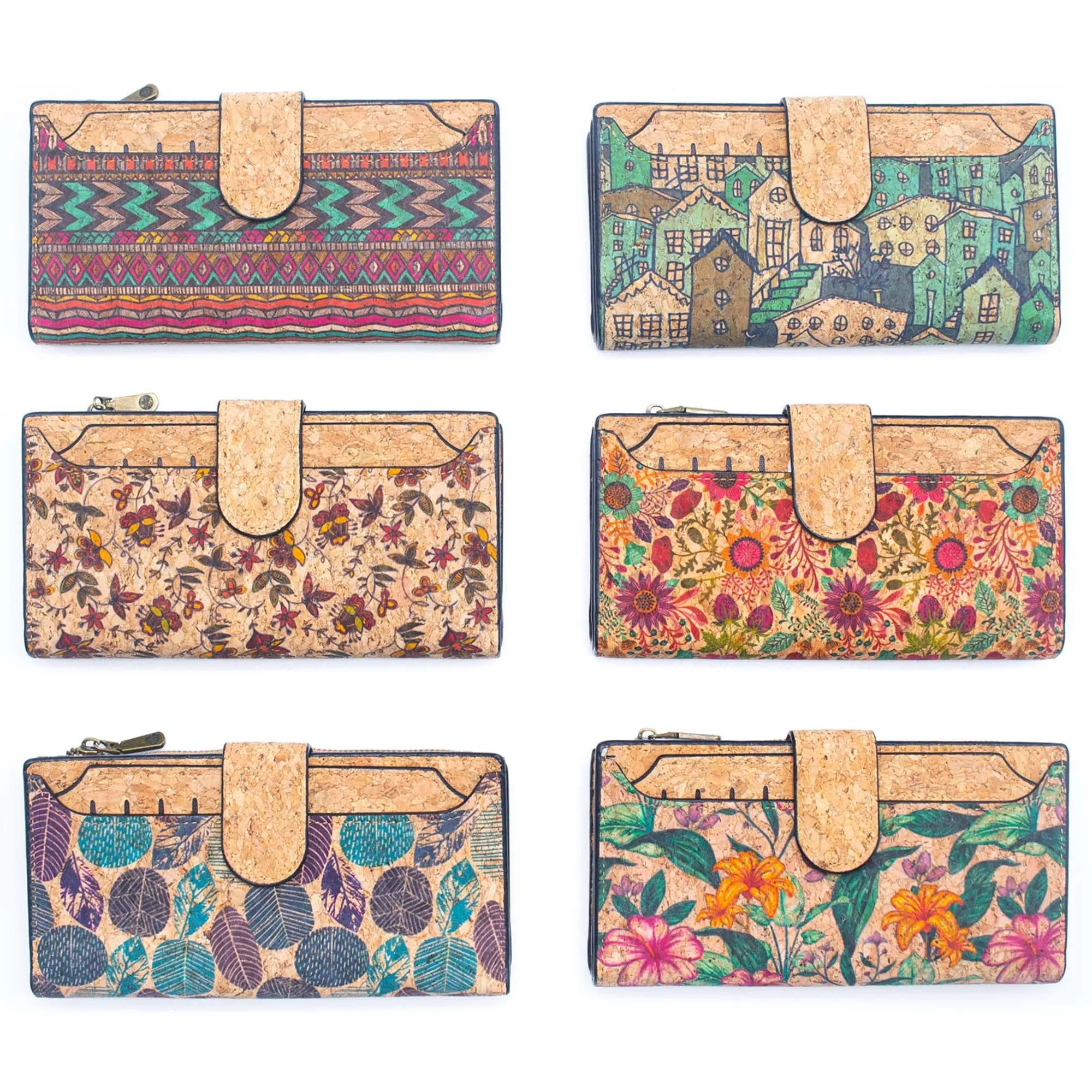 6 Natural Cork card long Wallets with Floral Print and Mosaic Patterns (6 Units Pack) HY-016-MIX-6