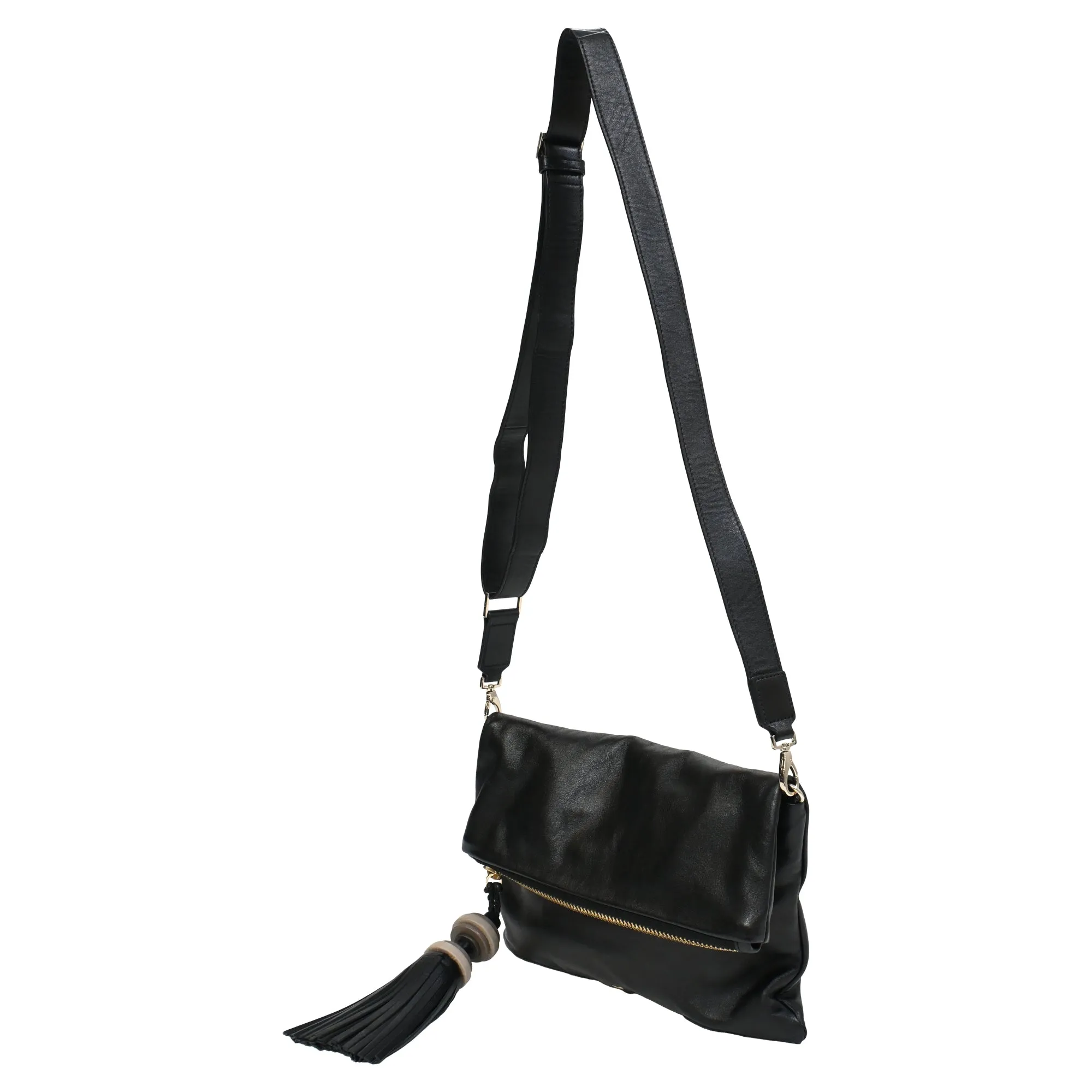 Anya Hindmarch Foldover Tassel Crossbody Bag in Black Leather
