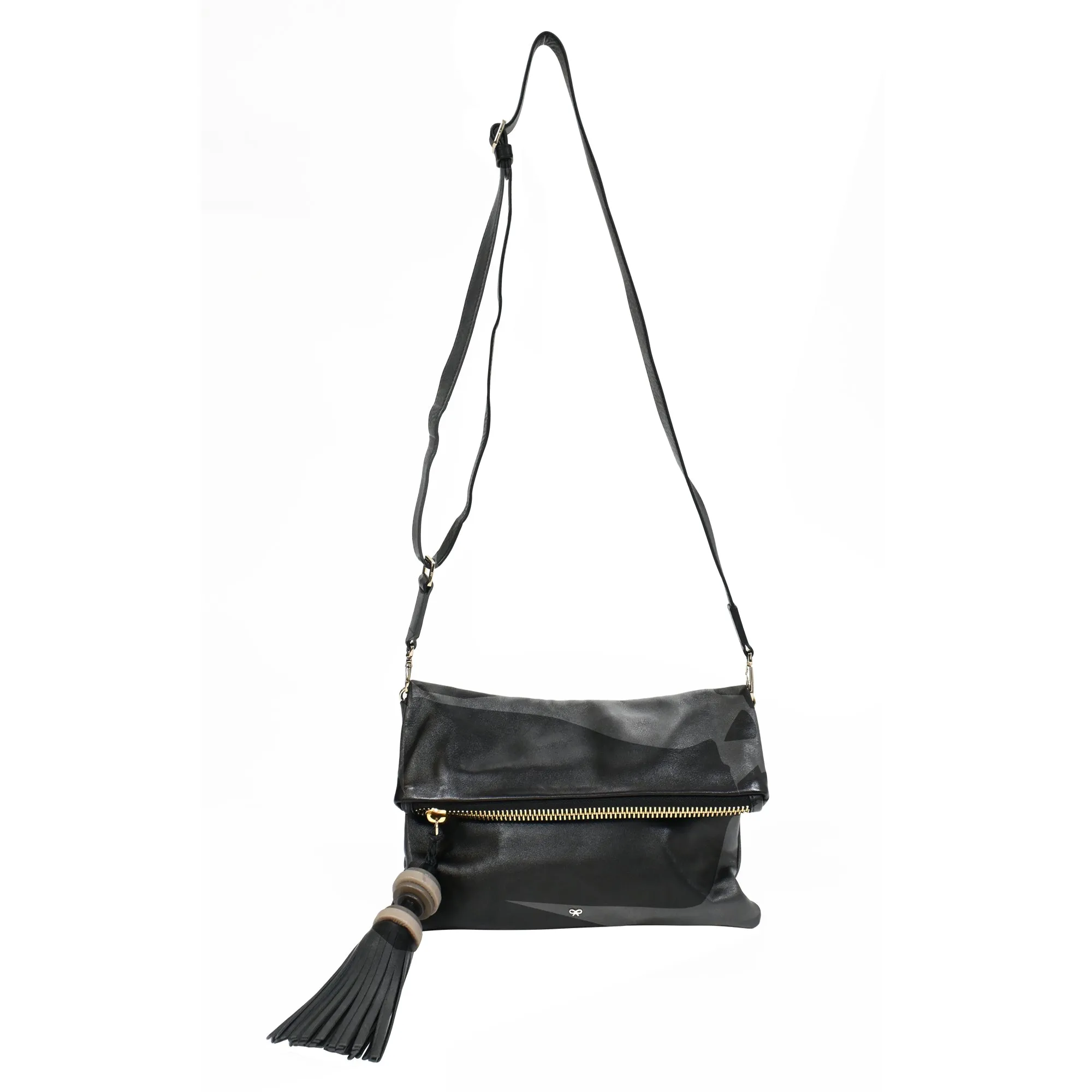 Anya Hindmarch Foldover Tassel Crossbody Bag in Black Leather