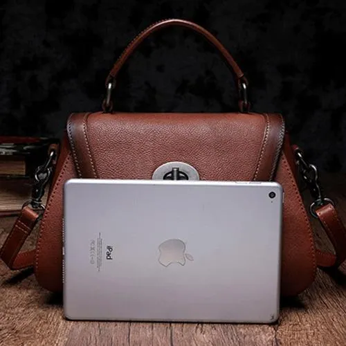 Brown Geometric Vintage Womens Handbag Leather Black Shoulder Handbag Purse