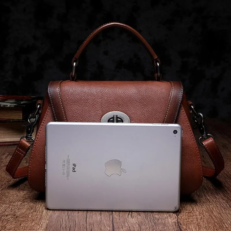 Brown Geometric Vintage Womens Handbag Leather Black Shoulder Handbag Purse