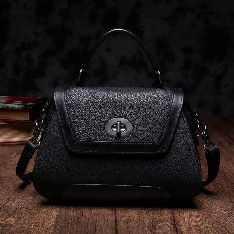 Brown Geometric Vintage Womens Handbag Leather Black Shoulder Handbag Purse