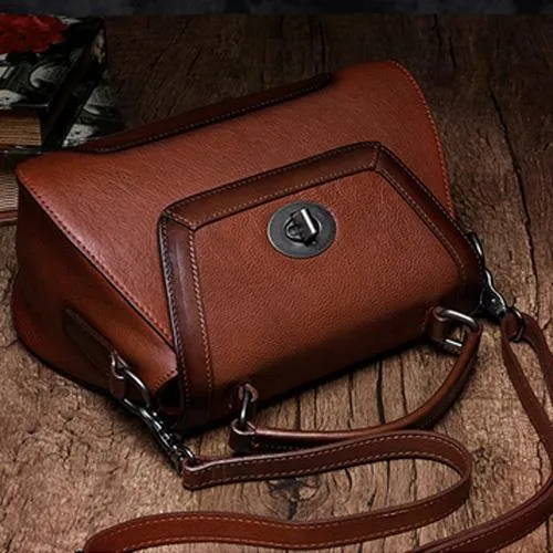 Brown Geometric Vintage Womens Handbag Leather Black Shoulder Handbag Purse