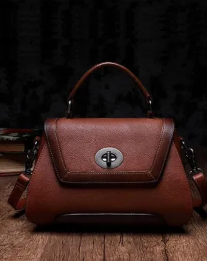 Brown Geometric Vintage Womens Handbag Leather Black Shoulder Handbag Purse