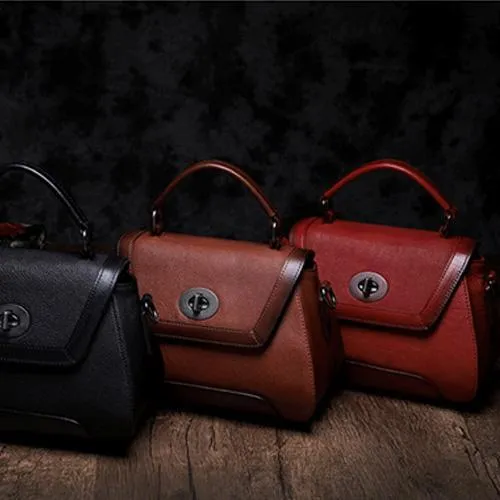 Brown Geometric Vintage Womens Handbag Leather Black Shoulder Handbag Purse