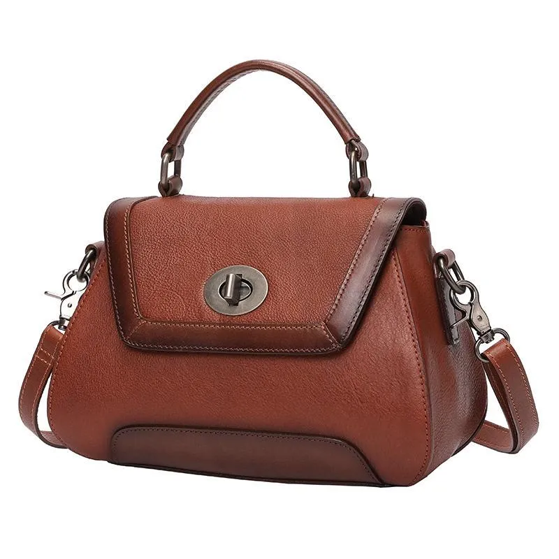 Brown Geometric Vintage Womens Handbag Leather Black Shoulder Handbag Purse