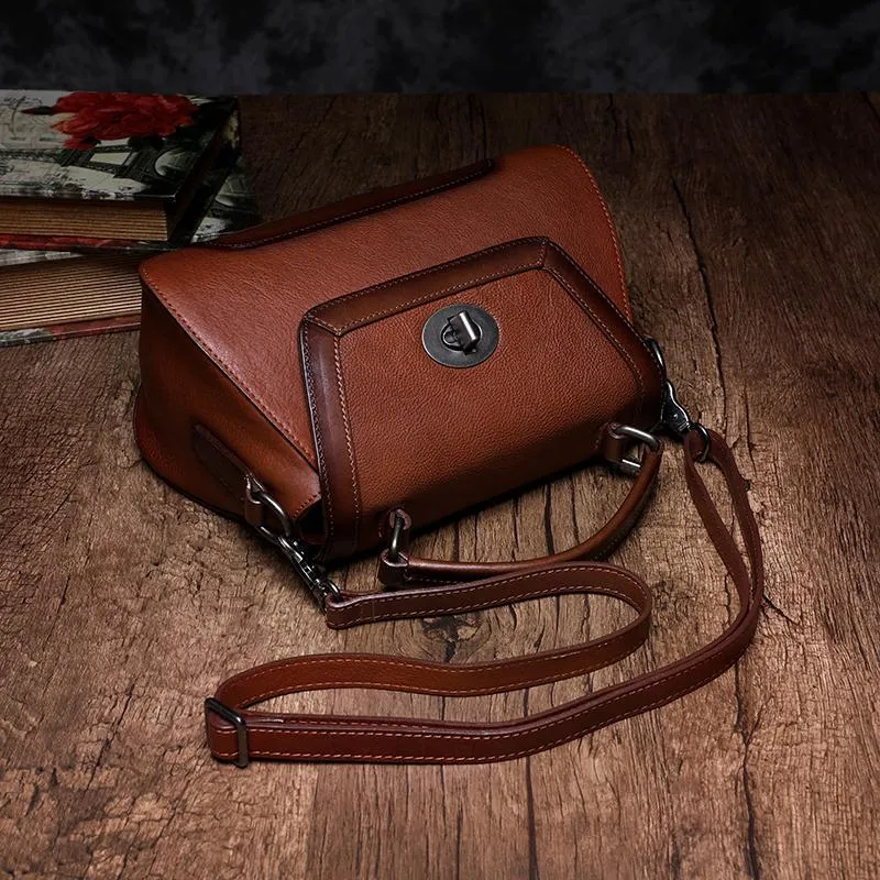 Brown Geometric Vintage Womens Handbag Leather Black Shoulder Handbag Purse