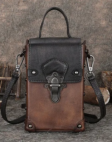 Brown Leather Womens Small Box Shoulder Bag Cube Small Handmade Handbag Purse for Ladies