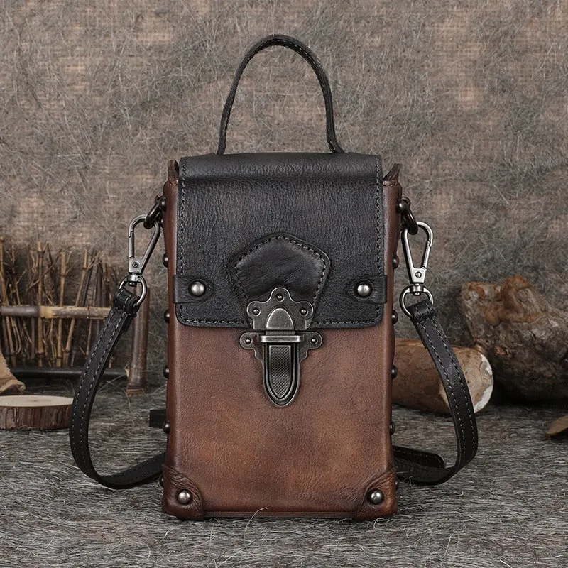 Brown Leather Womens Small Box Shoulder Bag Cube Small Handmade Handbag Purse for Ladies