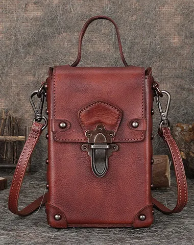 Brown Leather Womens Small Box Shoulder Bag Cube Small Handmade Handbag Purse for Ladies