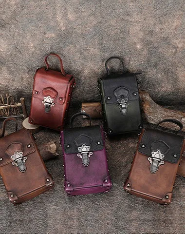 Brown Leather Womens Small Box Shoulder Bag Cube Small Handmade Handbag Purse for Ladies