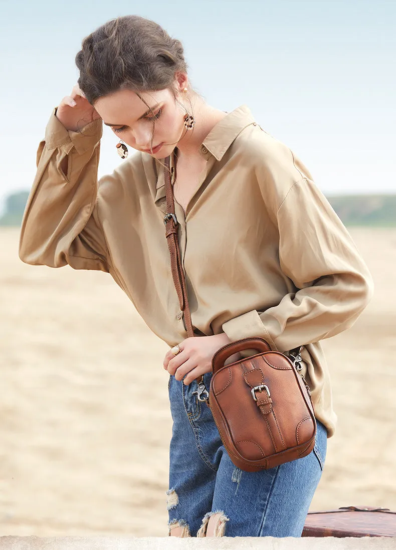Brown Leather Womens Small Vertical Shoulder Bag Small Handmade Crossbody Handbag Purse for Ladies