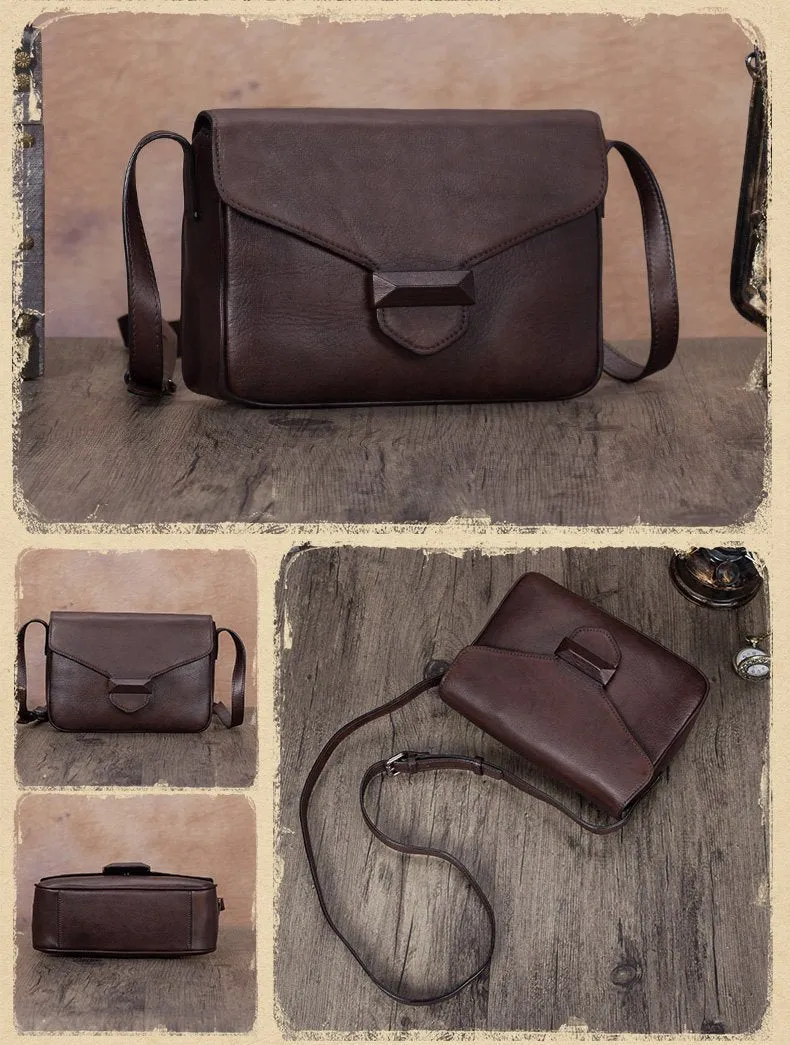 Brown Vintage Ladies Leather Small Satchel Shoulder Bag Purse Green Side Bag for Women