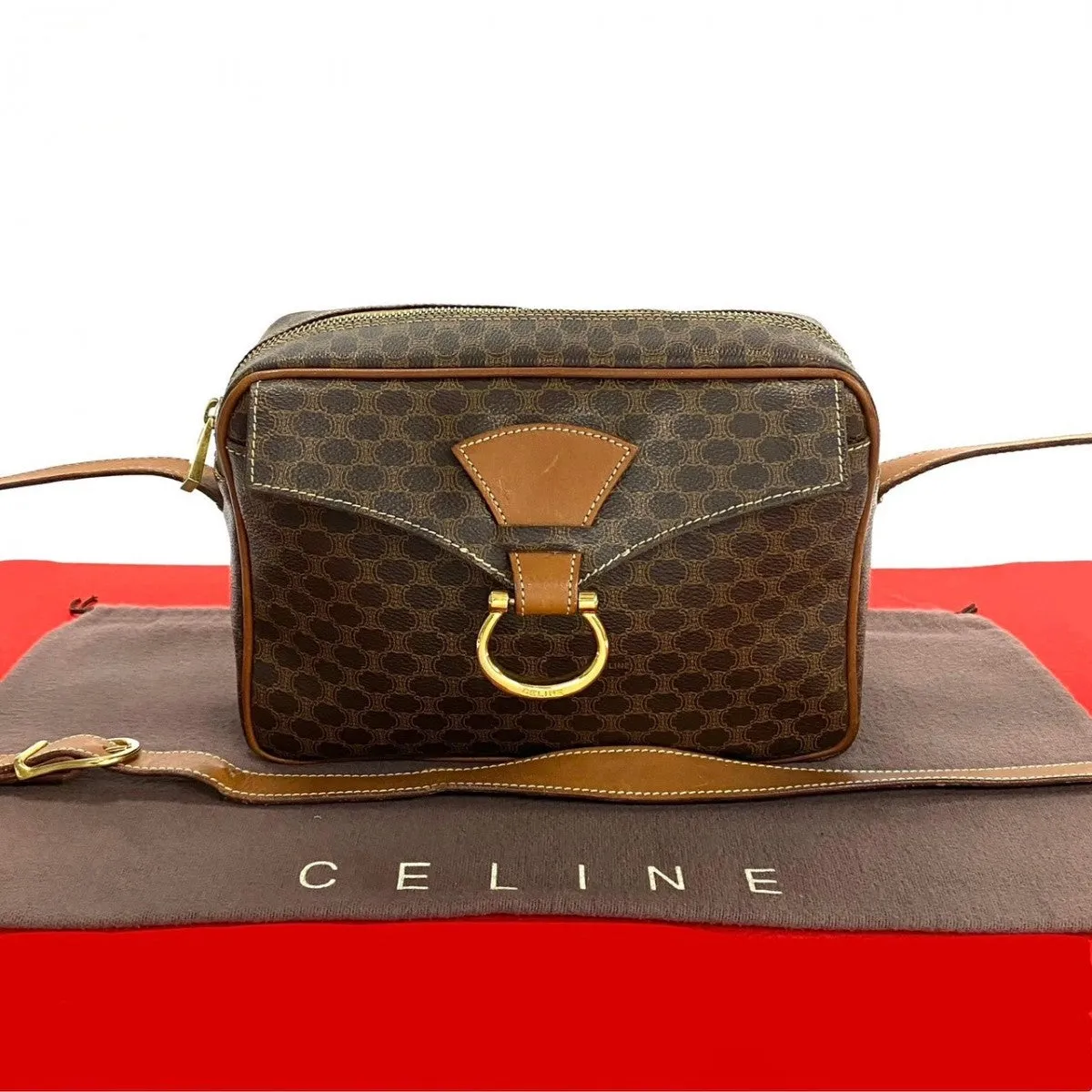 CELINE Shoulder Bag Leather, PVC Brown Macadam Blason Triomphe Pattern Women Used