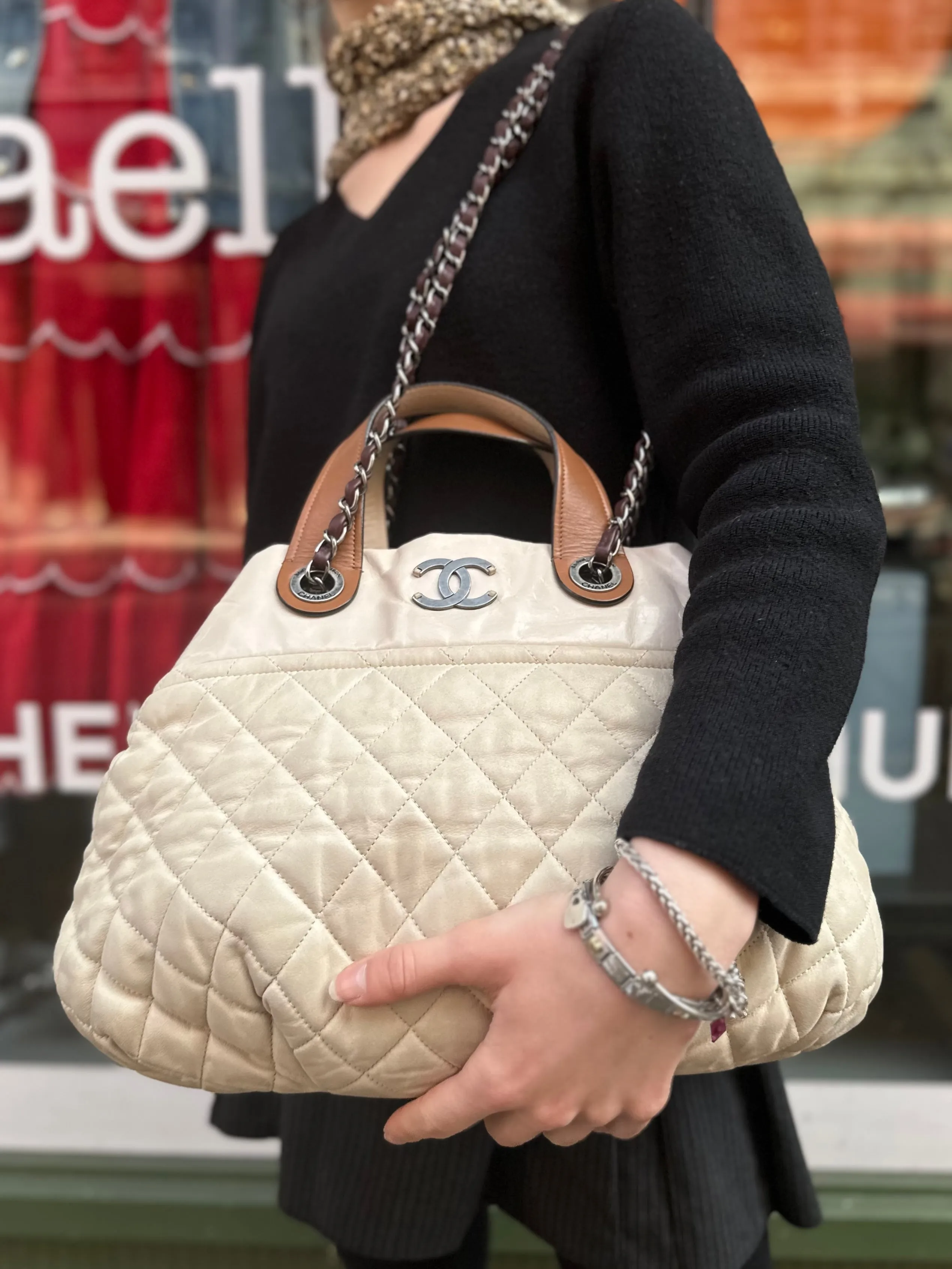 Chanel Beige Quilted Leather In The Mix Tote