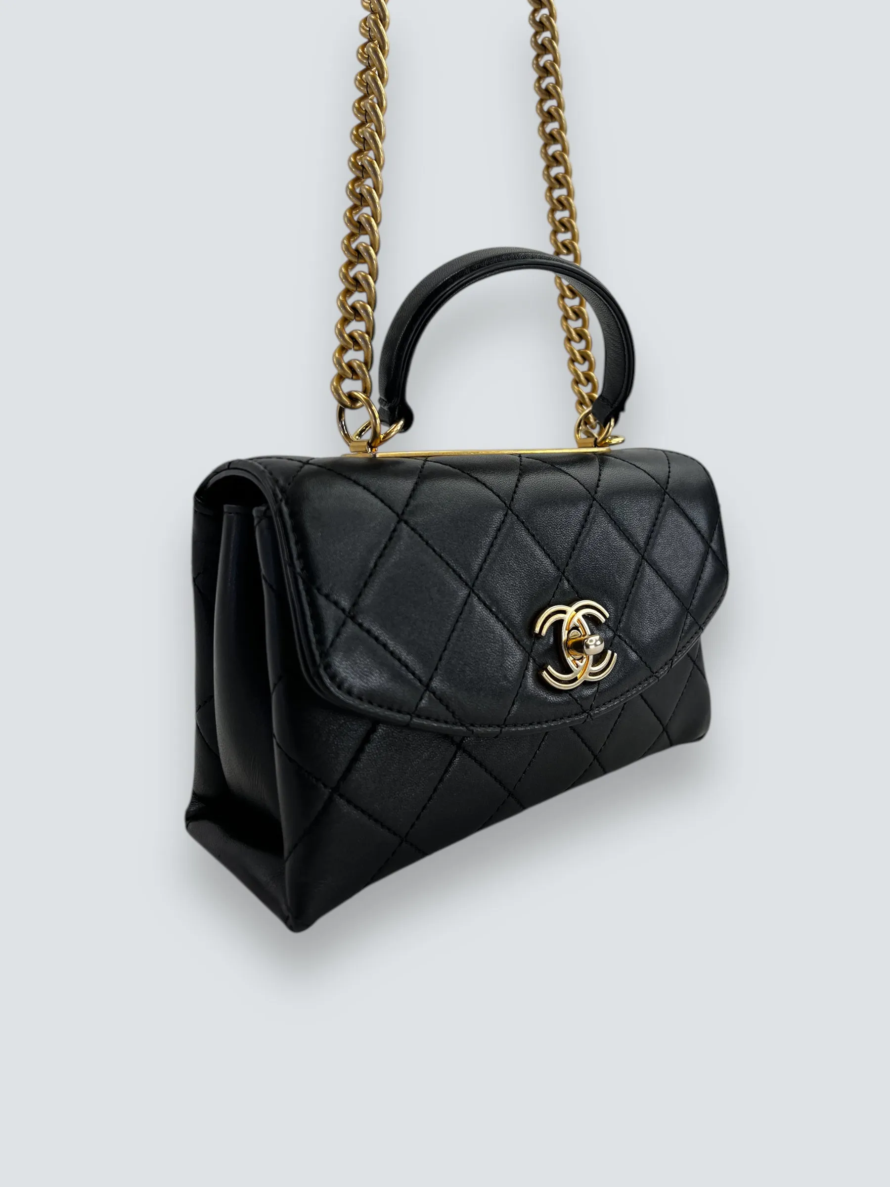 Chanel Black Quilted Lambskin Leather "Trendy" Top Handle Shoulder Bag