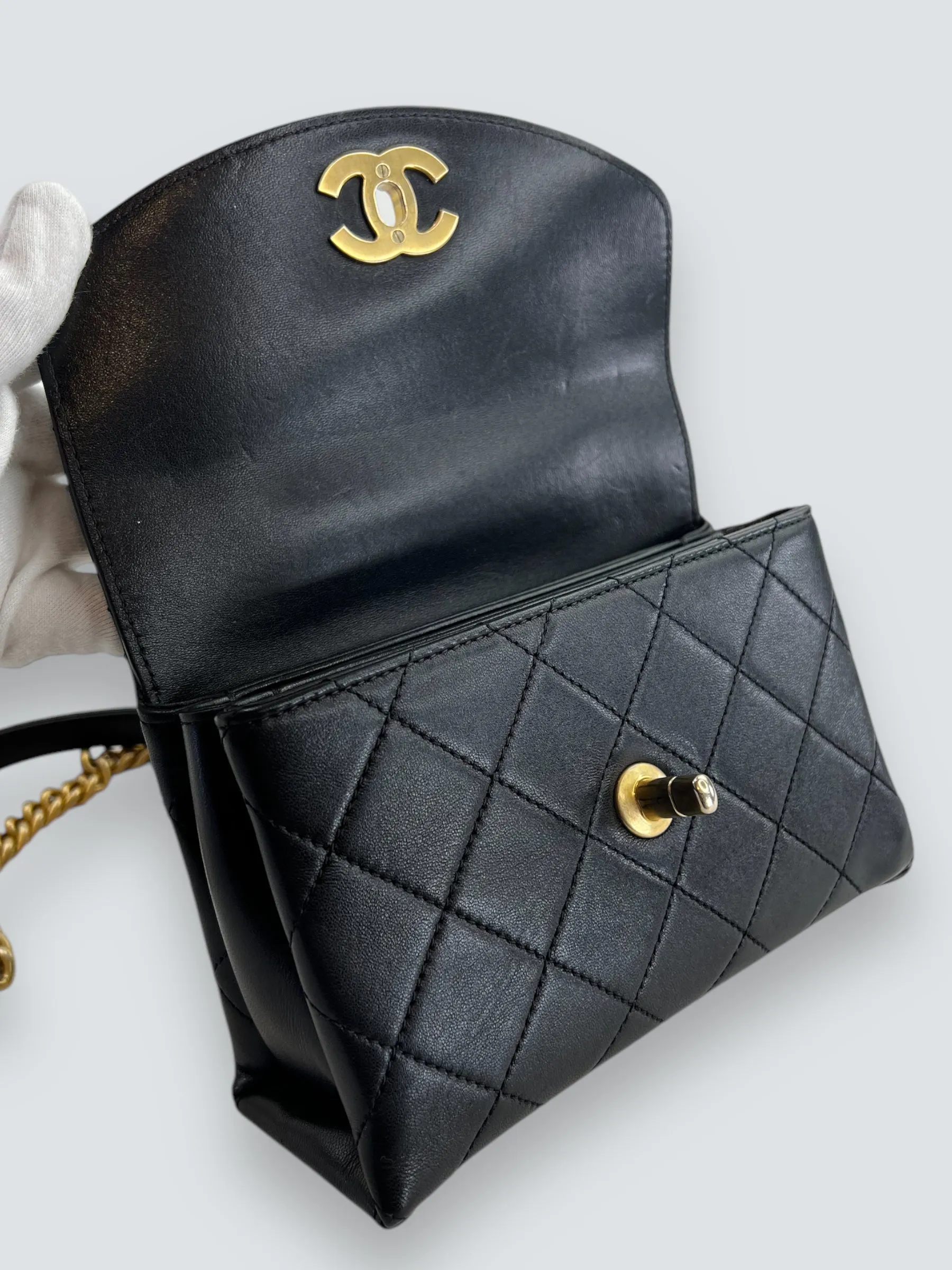 Chanel Black Quilted Lambskin Leather "Trendy" Top Handle Shoulder Bag