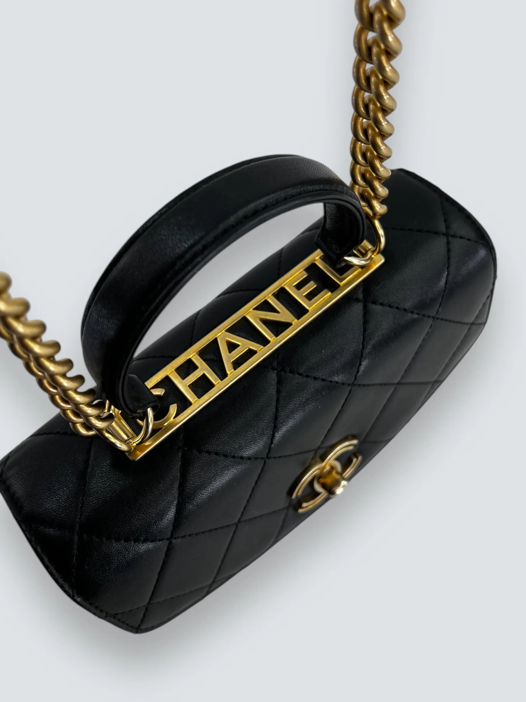 Chanel Black Quilted Lambskin Leather "Trendy" Top Handle Shoulder Bag