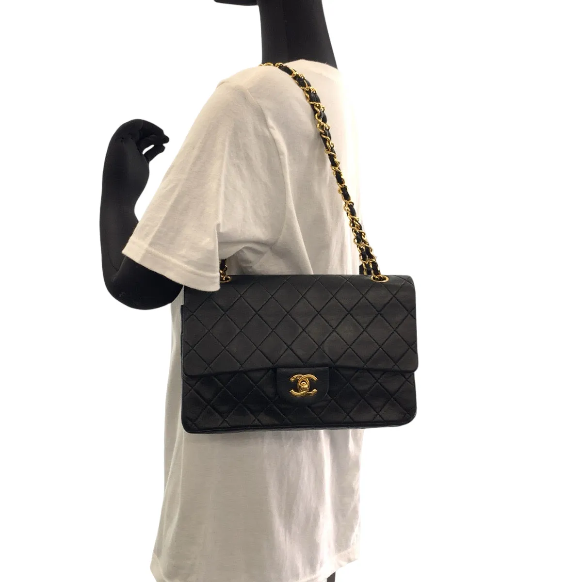 CHANEL Shoulder Bag lambskin Black GoldMetal ChainShoulder Bag Handbag Mattasse double flap COCO Mark Turnlock Women Used