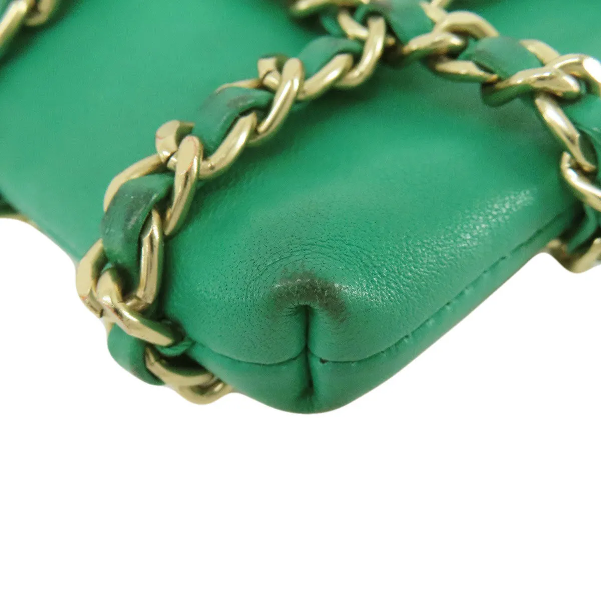 CHANEL Shoulder Bag lambskin green Chain Pouch Gold Metal Women Used