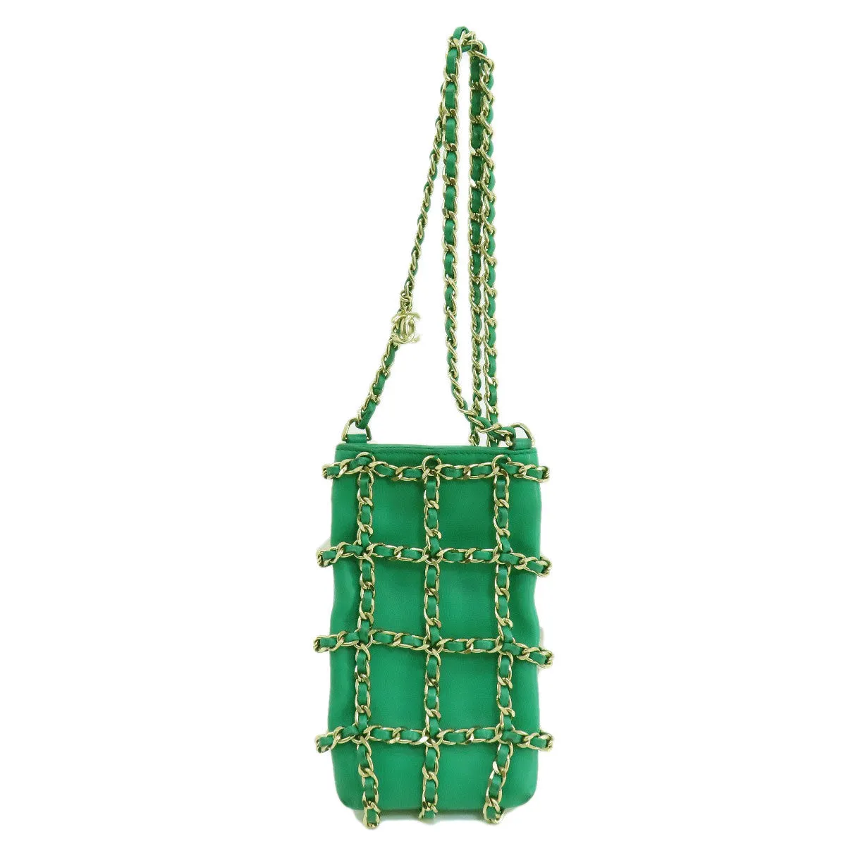 CHANEL Shoulder Bag lambskin green Chain Pouch Gold Metal Women Used