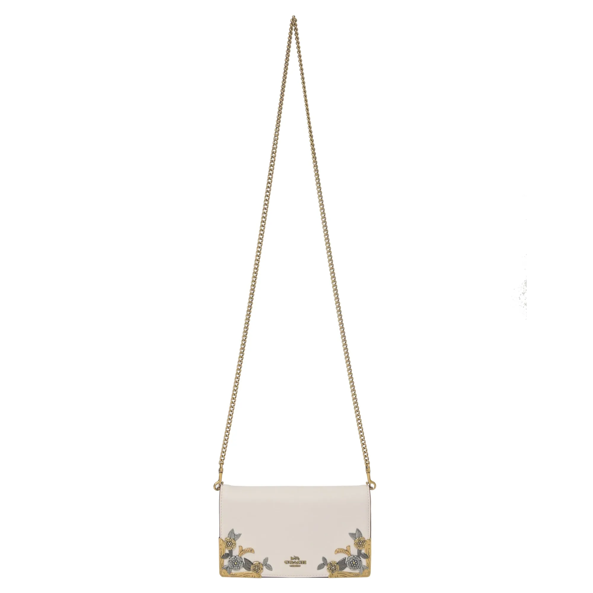 Coach Callie Foldover Chain Clutch With Metal Tea Rose in White Leather