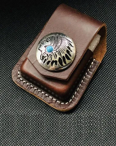 Coffee Handmade Leather Mens Indian Zippo Lighter Holders Lighter Case For Men