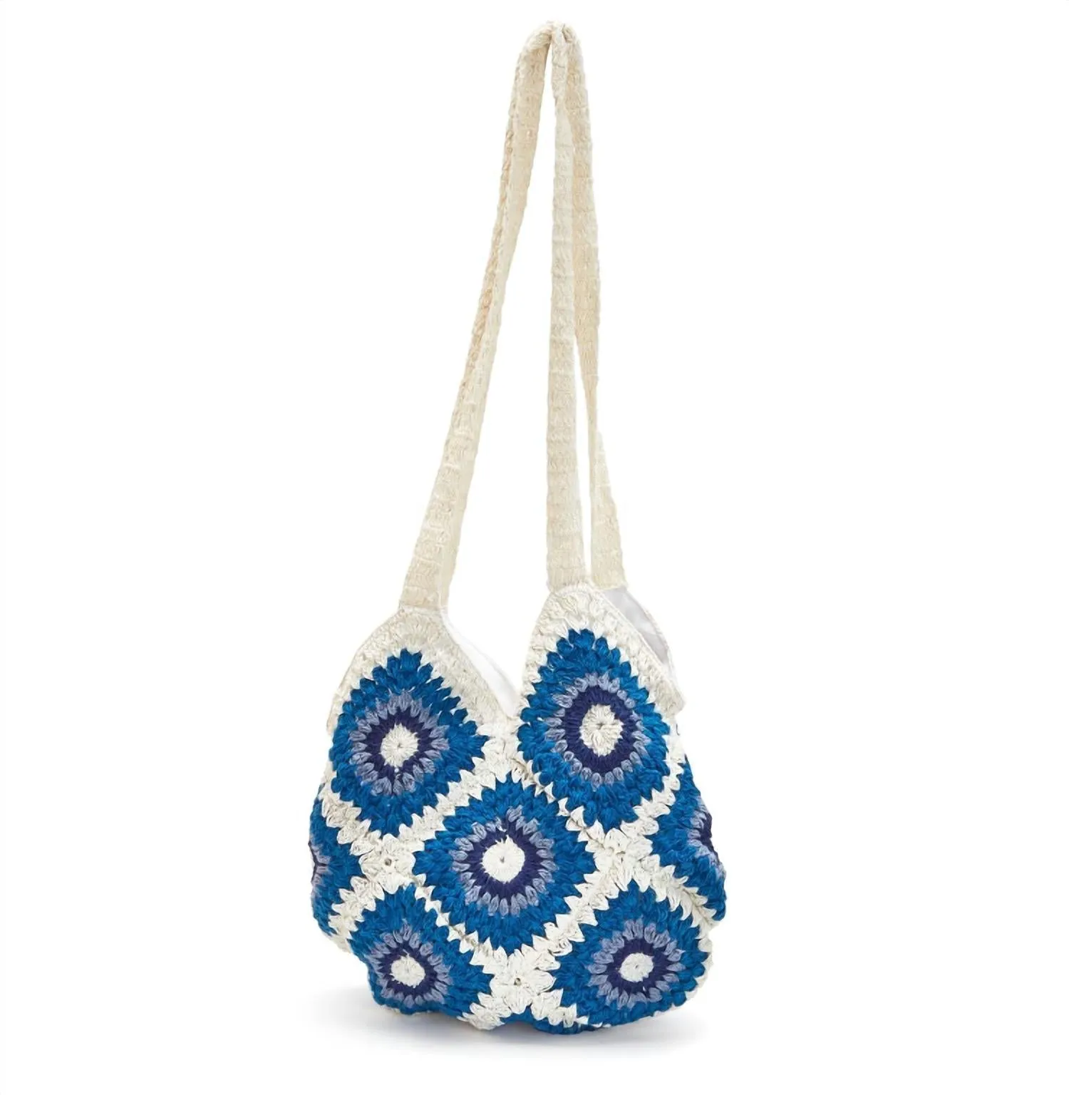 Cotton Crochet Shoulder Bag In Blue And White