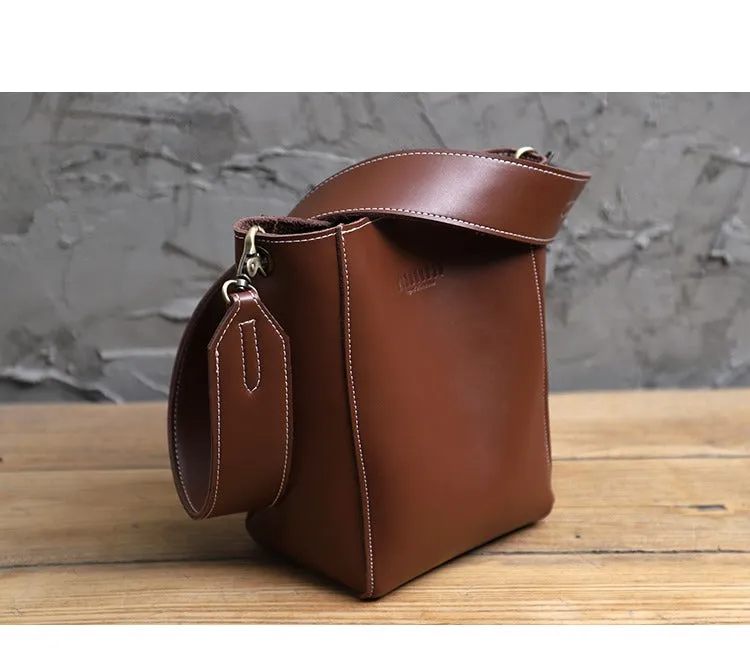 Cute Brown LEATHER WOMEN Bucket SHOULDER BAG Barrel Crossbody Purses FOR WOMEN