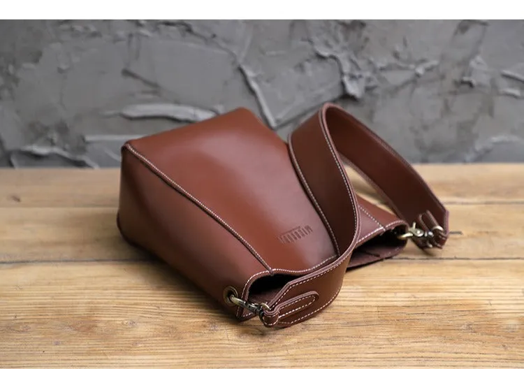 Cute Brown LEATHER WOMEN Bucket SHOULDER BAG Barrel Crossbody Purses FOR WOMEN