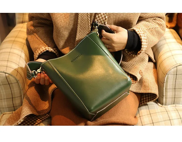 Cute Brown LEATHER WOMEN Bucket SHOULDER BAG Barrel Crossbody Purses FOR WOMEN