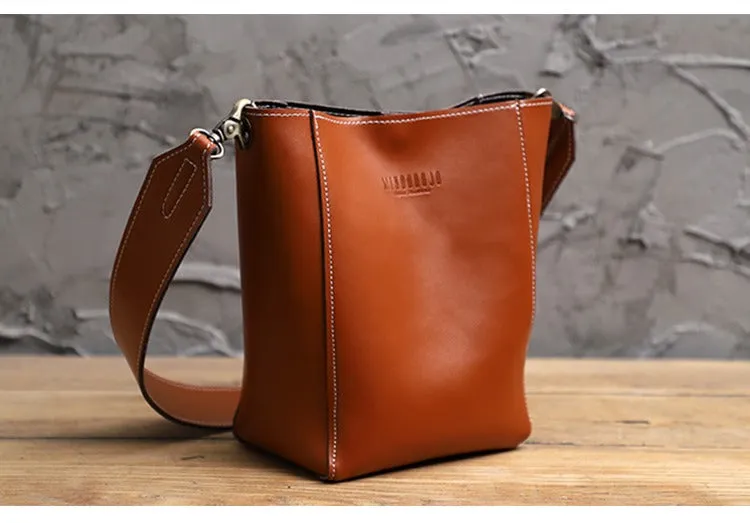 Cute Brown LEATHER WOMEN Bucket SHOULDER BAG Barrel Crossbody Purses FOR WOMEN