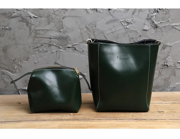 Cute Brown LEATHER WOMEN Bucket SHOULDER BAG Barrel Crossbody Purses FOR WOMEN