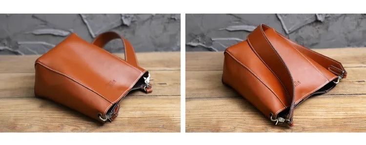 Cute Brown LEATHER WOMEN Bucket SHOULDER BAG Barrel Crossbody Purses FOR WOMEN