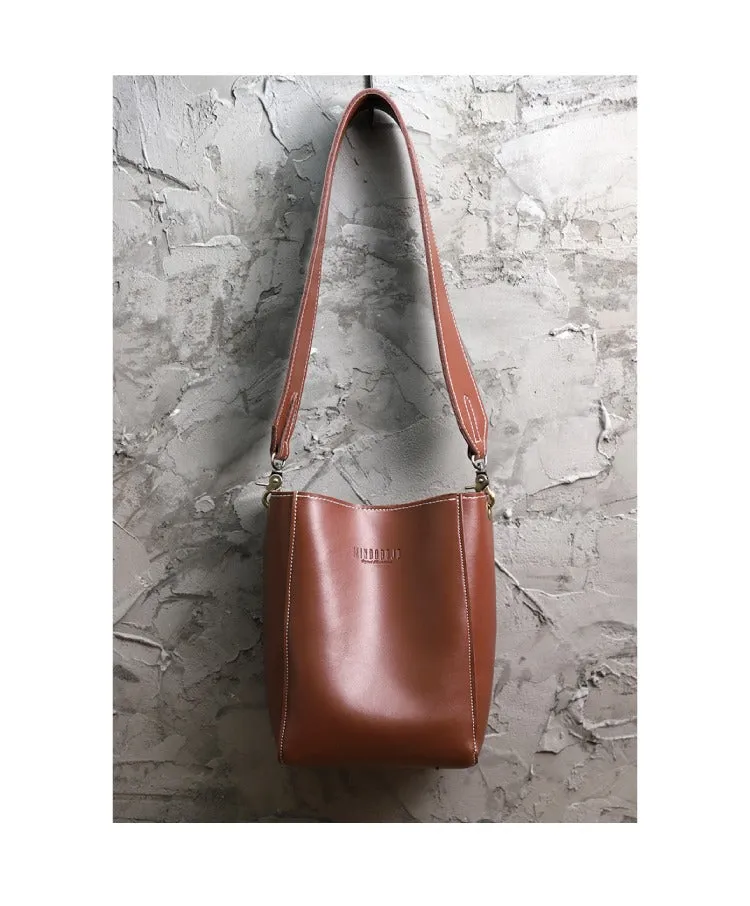 Cute Brown LEATHER WOMEN Bucket SHOULDER BAG Barrel Crossbody Purses FOR WOMEN
