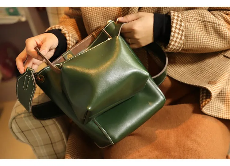 Cute Brown LEATHER WOMEN Bucket SHOULDER BAG Barrel Crossbody Purses FOR WOMEN