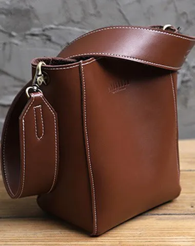 Cute Brown LEATHER WOMEN Bucket SHOULDER BAG Barrel Crossbody Purses FOR WOMEN