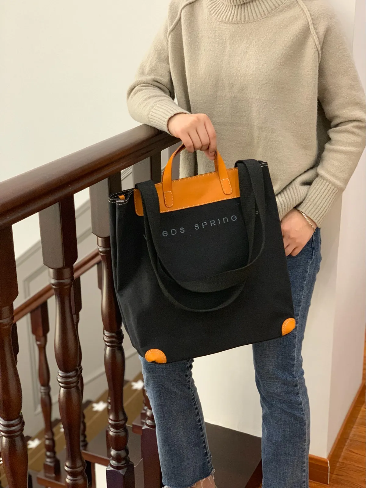 Cute Womens Canvas Leather Tote Purse Large Womens Leather Shoulder Tote Bag Shopper Bag for Ladies