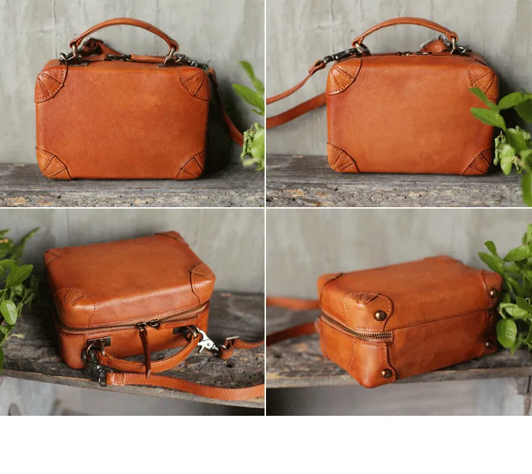 Fashion Womens Black Leather Square Structured Box Handbag Satchel Brown Leather Satchel Shoulder Bag