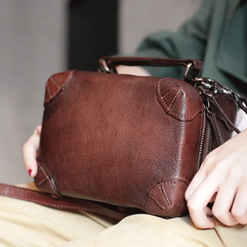 Fashion Womens Black Leather Square Structured Box Handbag Satchel Brown Leather Satchel Shoulder Bag