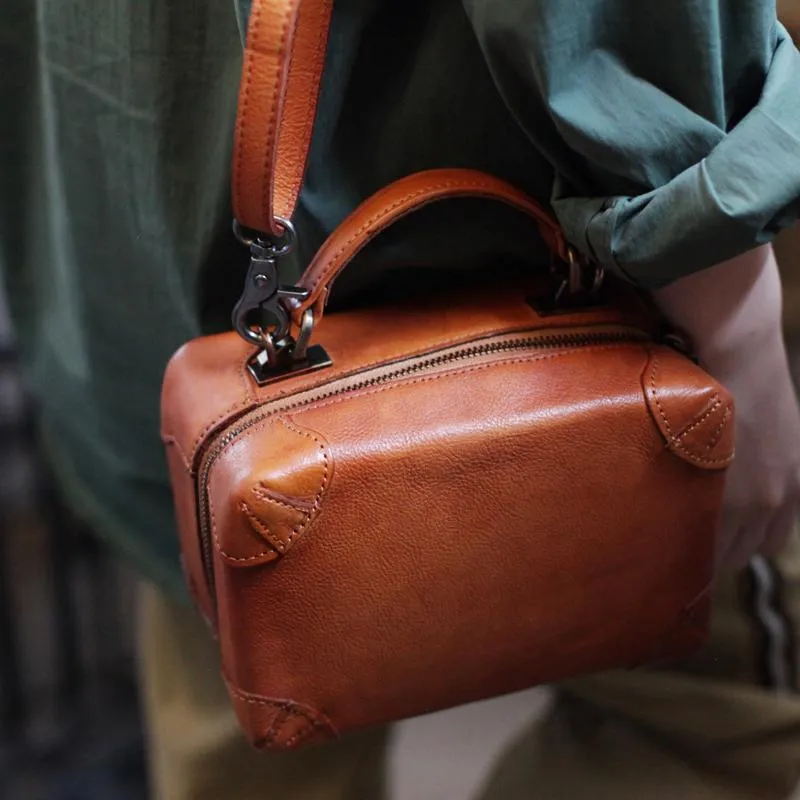 Fashion Womens Black Leather Square Structured Box Handbag Satchel Brown Leather Satchel Shoulder Bag