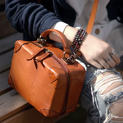 Fashion Womens Black Leather Square Structured Box Handbag Satchel Brown Leather Satchel Shoulder Bag