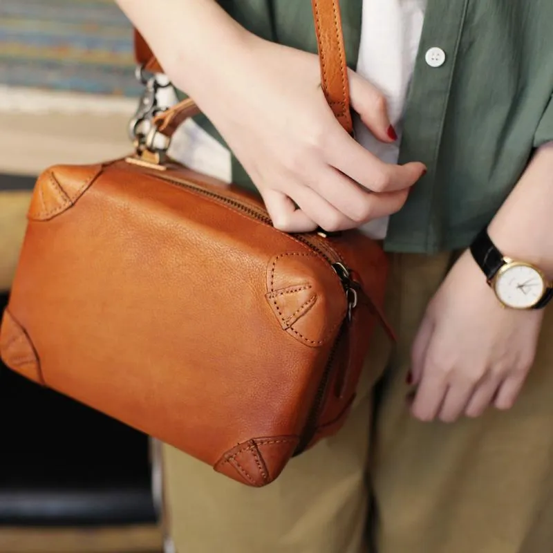 Fashion Womens Black Leather Square Structured Box Handbag Satchel Brown Leather Satchel Shoulder Bag
