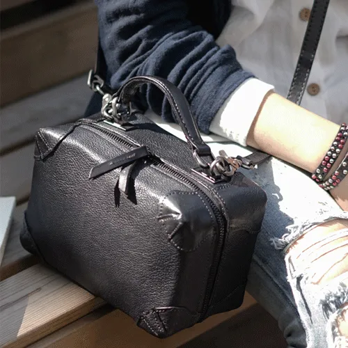 Fashion Womens Black Leather Square Structured Box Handbag Satchel Brown Leather Satchel Shoulder Bag