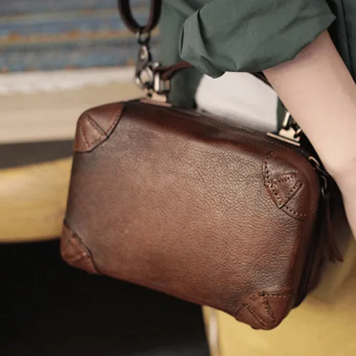 Fashion Womens Black Leather Square Structured Box Handbag Satchel Brown Leather Satchel Shoulder Bag